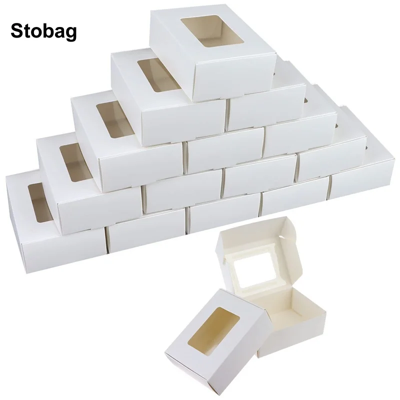 

StoBag 50pcs Wholesale White/Black/Kraft Paper Gift Packaging Box with Window for Chocolate Cake Candy Storage Baking Party