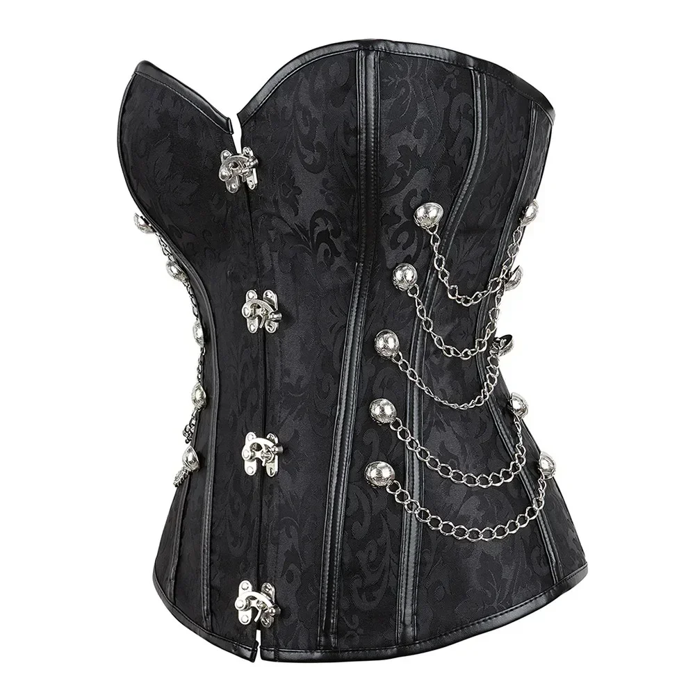 Steampunk Leather Corsets Plus Size Women Sexy Overbust Bustier Steel Bone Spiral Tops Chain Gothic Pirate Vintage Outwear