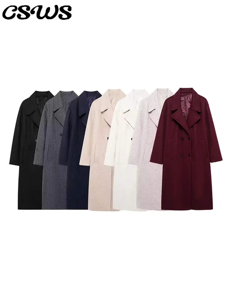 

Elegant Woolen Long Women Coat Casual Full Sleeve Double Breasted Lapel Female Outwear 2025 Autumn Winter Lady Streetwear