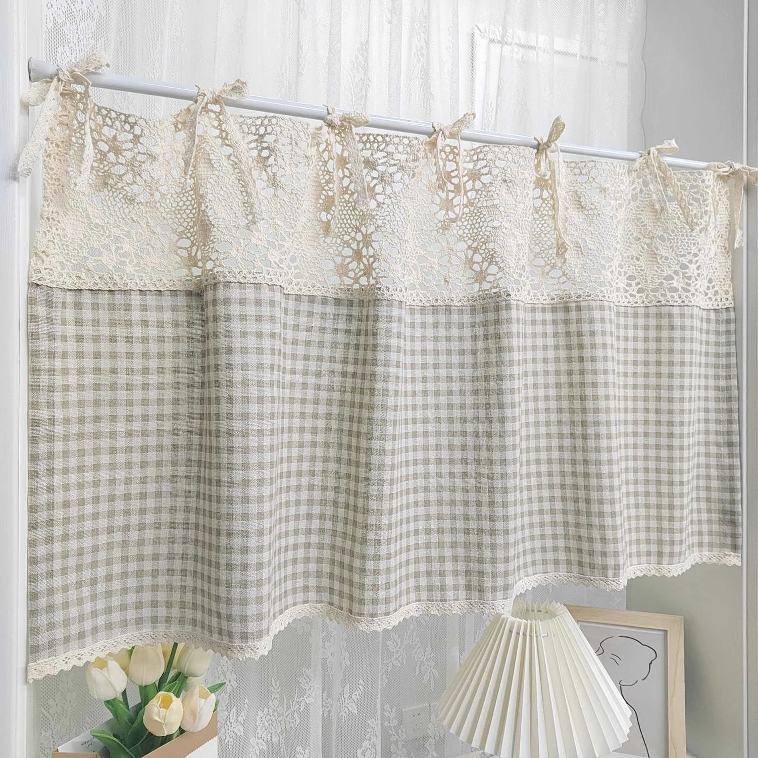 1PC Retro Splicing Lattice Short Curtain for Kitchen Tie Top Lace Drape Small Window Cafe Home Decoration Blinds