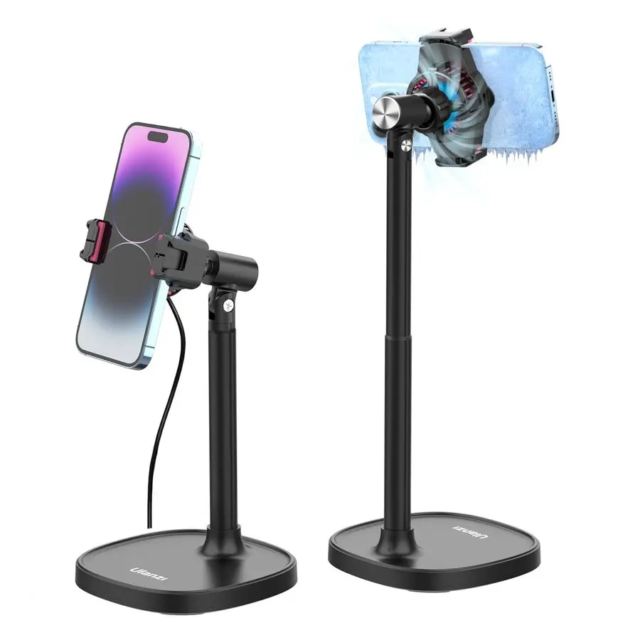 SK06 Cell Phone Stand with Phone Cooler, Desktop Phone Live Streaming Solution with Phone Cooling Fan, Height Adjustable Phone C