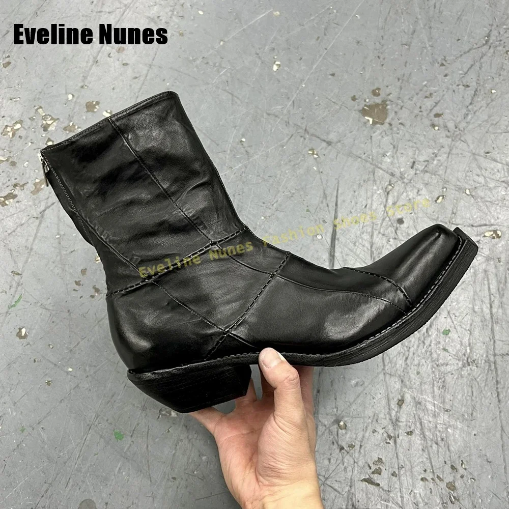 

Chunky Heels Spiral Zipper Couple Ankle Boots Retro Sewing Patchwork Knight Boots Pointed Toe 2025 Dark Autumn New Arrivals Shoe