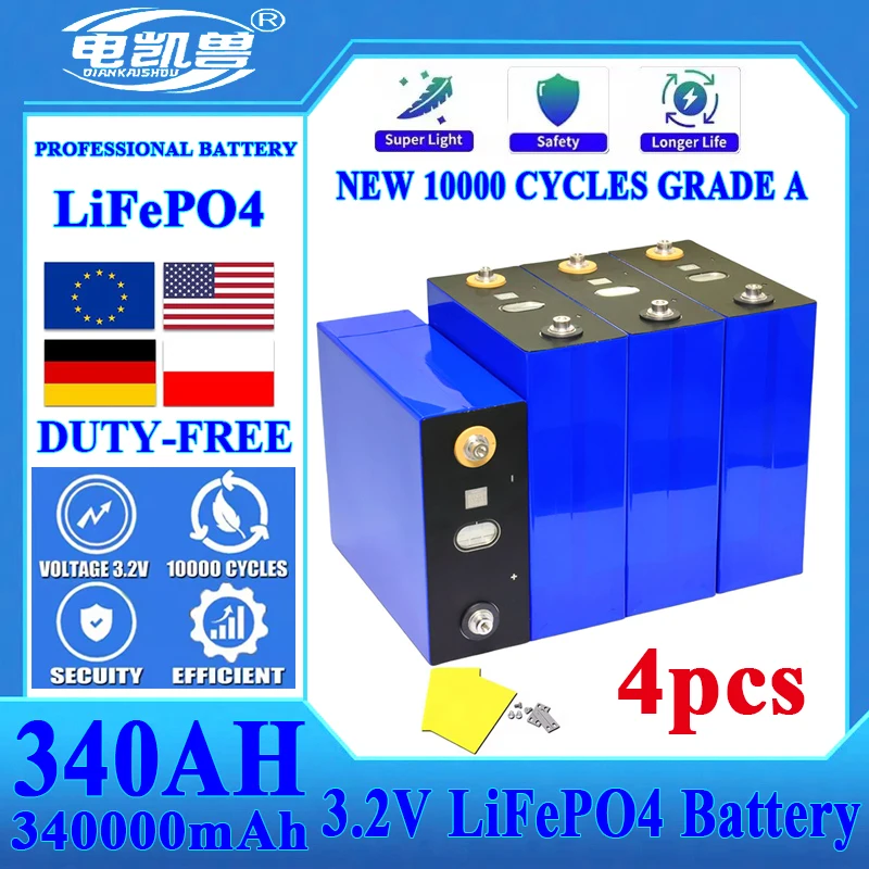 

4pcs 10000 cycle 3.2V 340AH Lifepo4 Battery Grade A Cells 12V 24V 48V Rechargeable Battery Pack for Solar Tax Free With Busbars