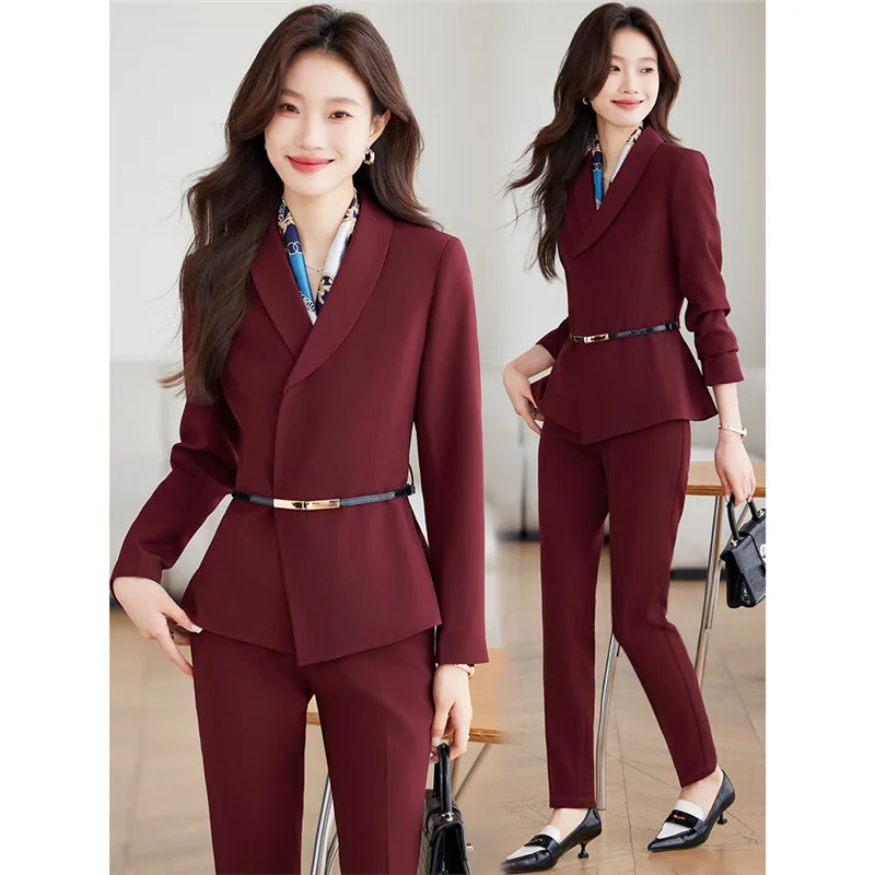

Бордовый высококачественный профессиональный костюм, пиджак, женские брюки, комплект из двух предметов, весна-осень-зима, новая мода