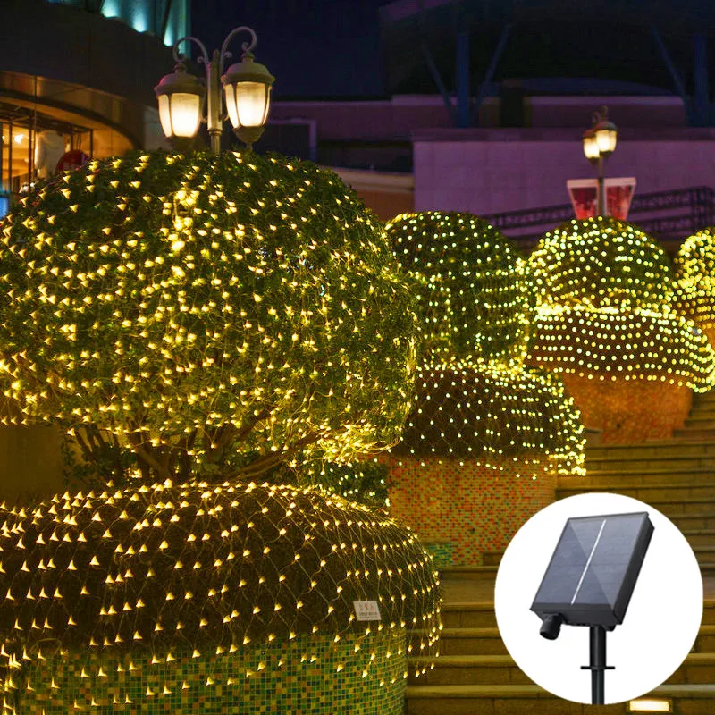 Solar Power LED Net String Lights, Guirlandas de rua, Decorações de Natal, ao ar livre, Ano Novo, Festa de Casamento