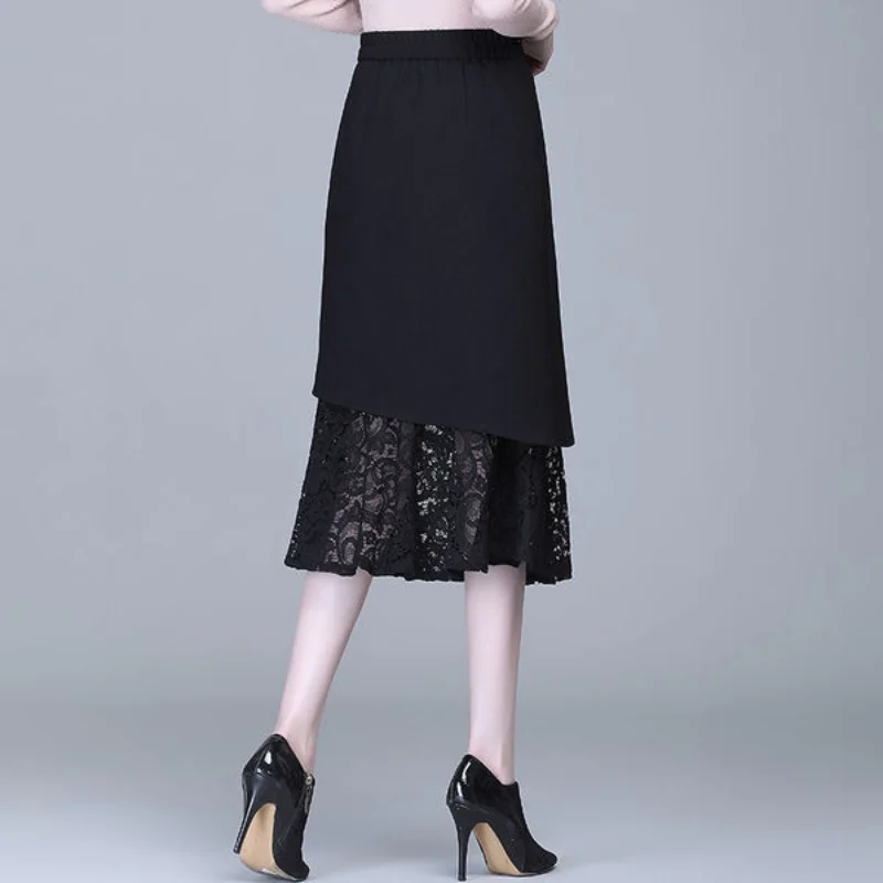 Fashion Solid Color Hollow Out Lace Patchwork Skirt Women Classic Office High Waist Elasticity Temperament Lady Skirt