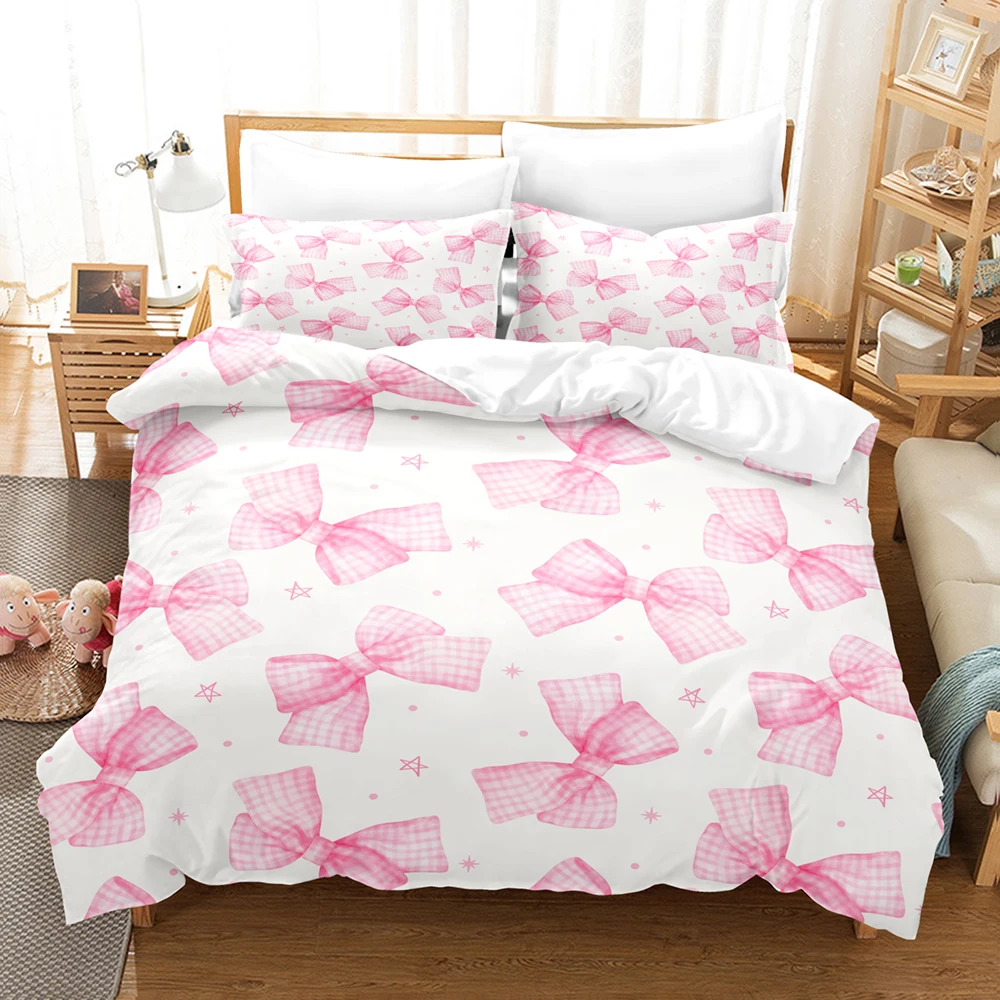 

Lovely Pink Bow Bedding Set 3D Printed Warm Soft Nordic Style Duvet Cover Set King Queen Twin Single Kids Girls Room Decoration