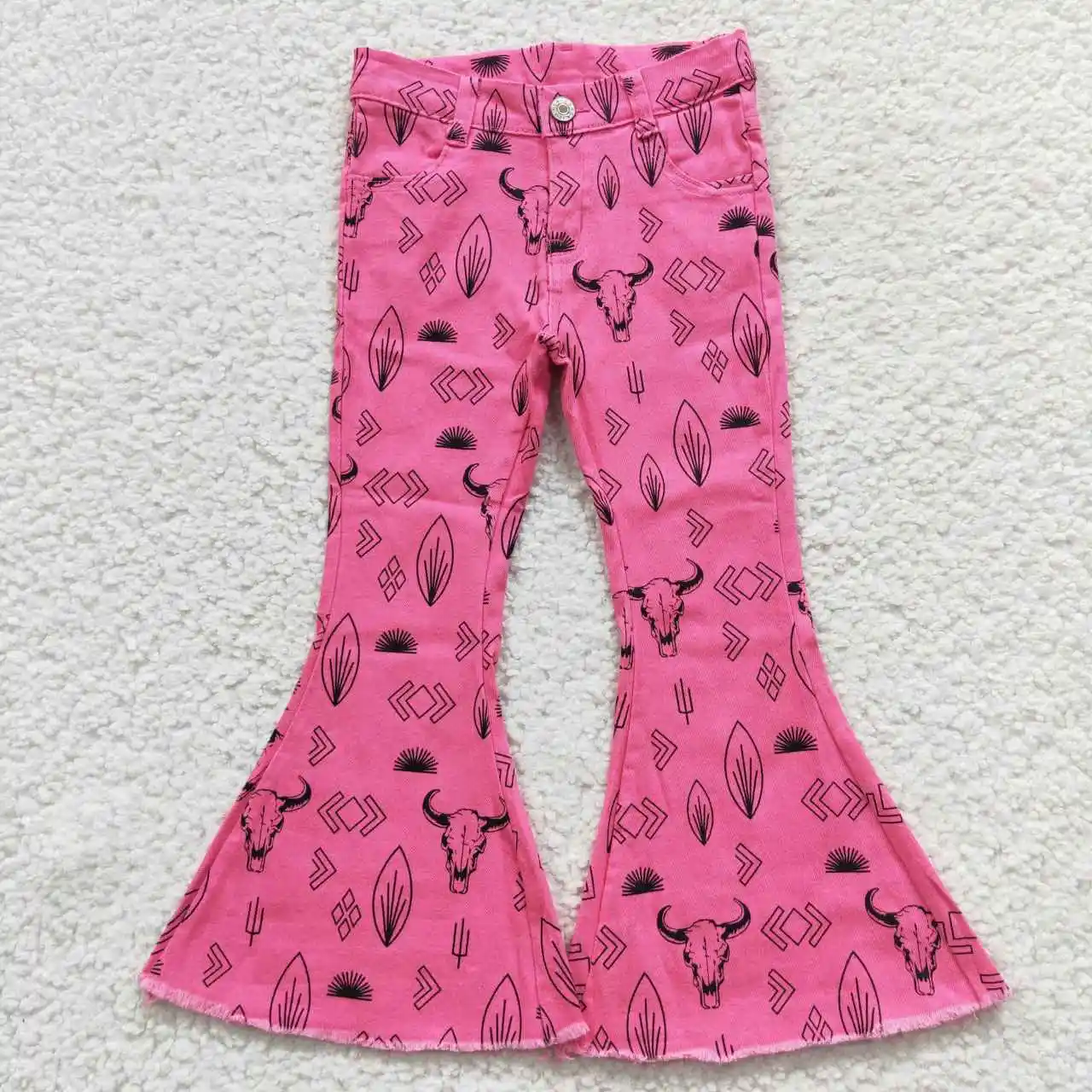 Wholesale Boutique Toddler Zipper Bell Bottom Pants Kid Infant Pocket Pink Denim Baby Girl Western Cow Trousers Children Jeans