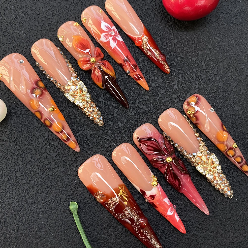 

Exclusive Design Y2K 10PCS UV Gel Carved Flower Reusable Press on Nails 55mm Long Covered Decoration Glossy Handmade Nails Set