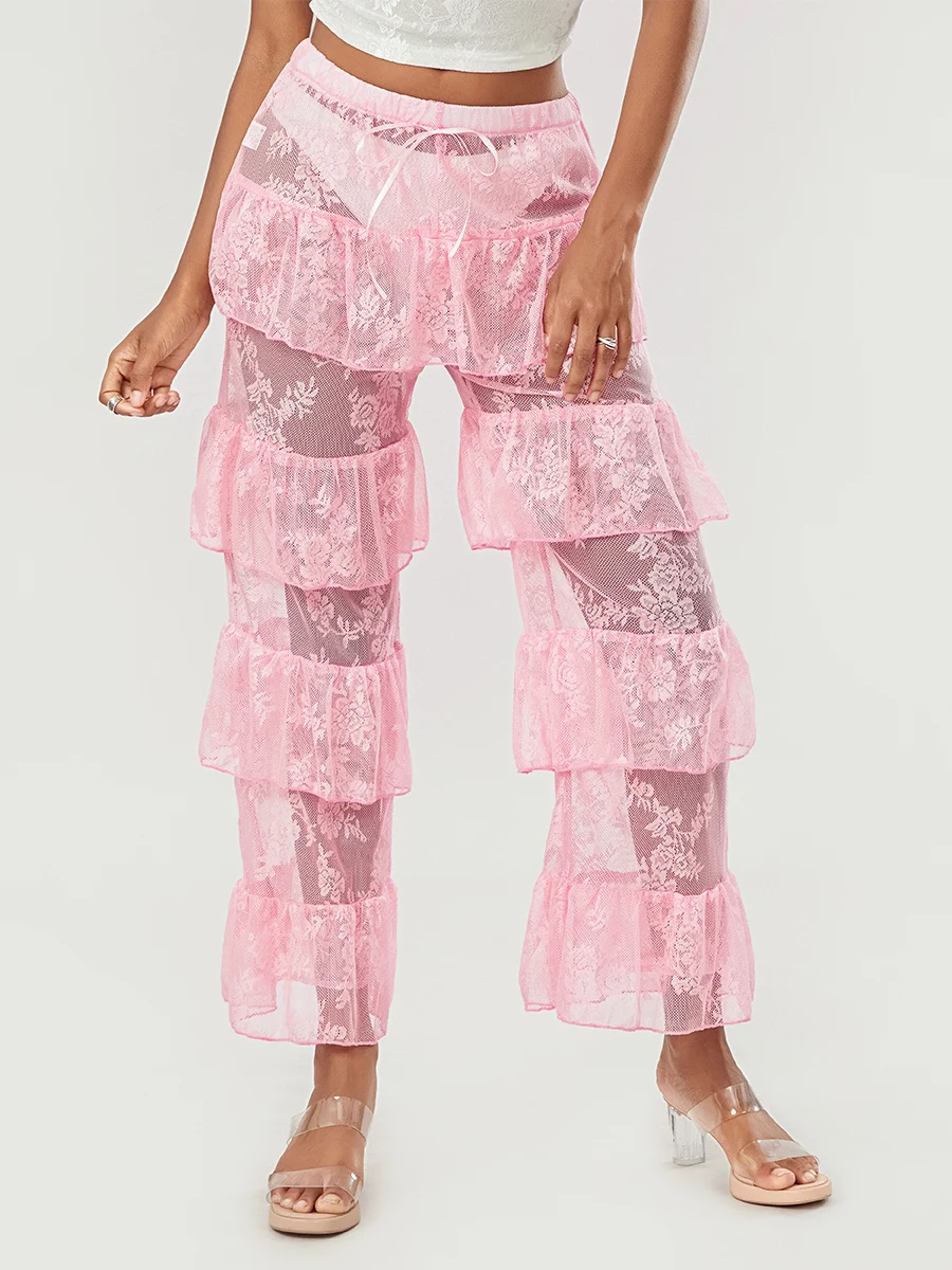 wsevypo Fairycore Floral Lace Sheer Tiered Pants Women's Mid Waisted Cover-ups Trousers See-through Layered Mesh Long Pants