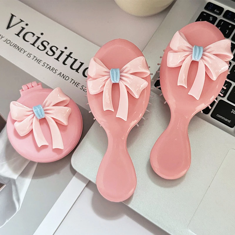 Bow Folding Massage Comb With Mirror Head Massage Anti-Static Mini Air Cushion Comb Portable Travel Girl Hair Combs