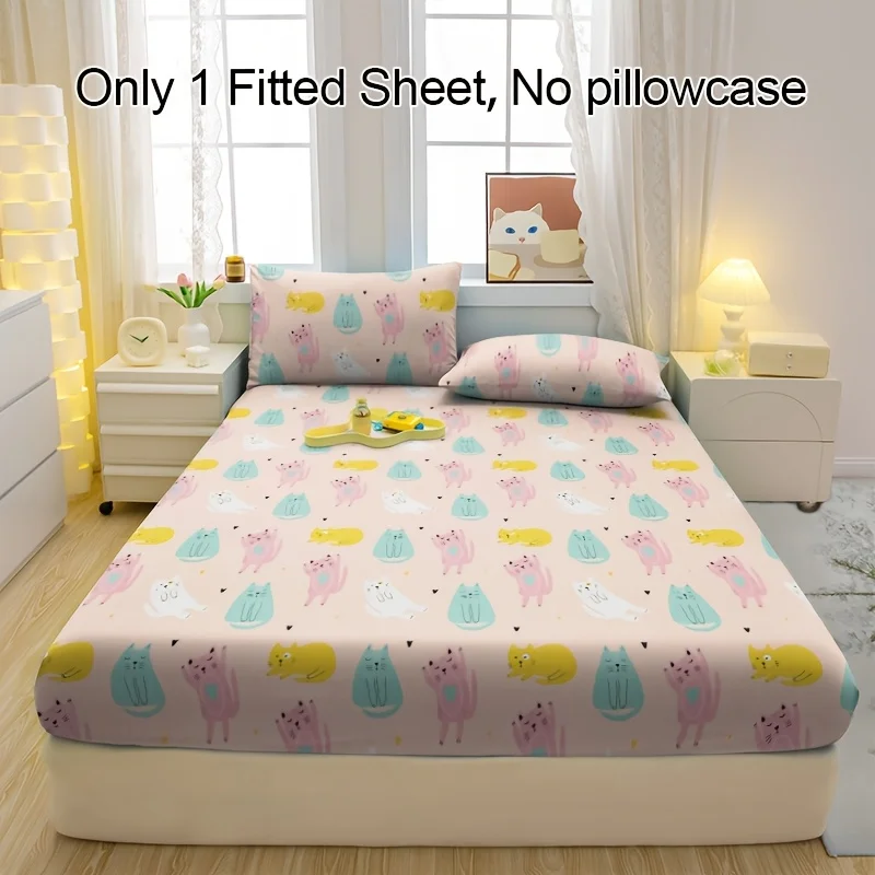 Colorful Cat Cute Pattern Mattress Protector, Breathable Polyester Material (includes 1 fitted sheet + 2 pillowcases). Mattress protector, fitted sheet style with elastic edges. Protective cover, mattress protector, fitted sheet bedding. Christmas-themed bedding. Baby bedding. Suitable for nursery rooms