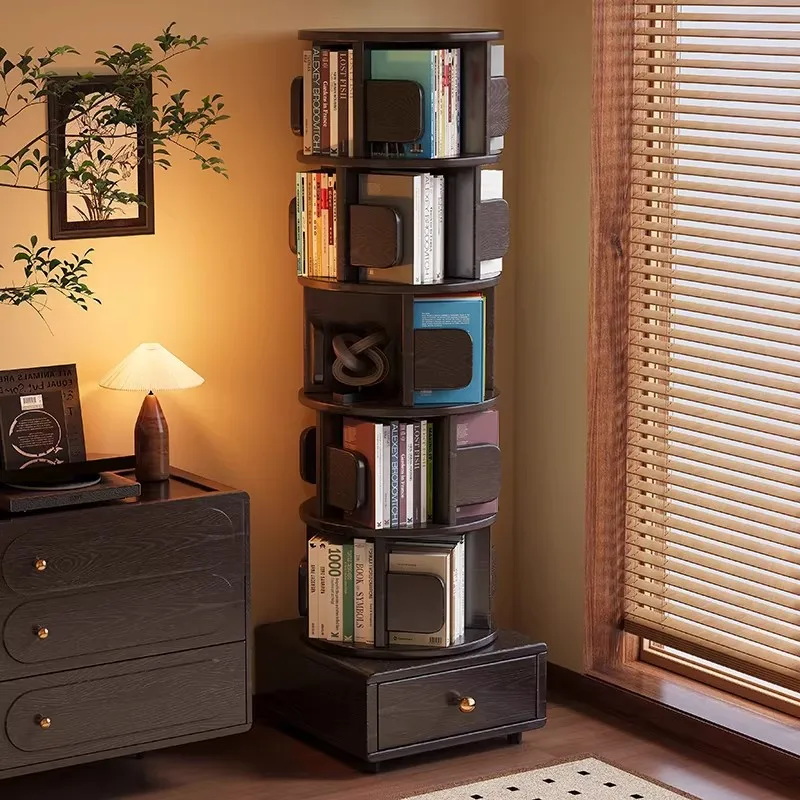 Solid wood rotating bookshelf 360-degree movable storage picture book rack floor shelf household living room children's bookcase