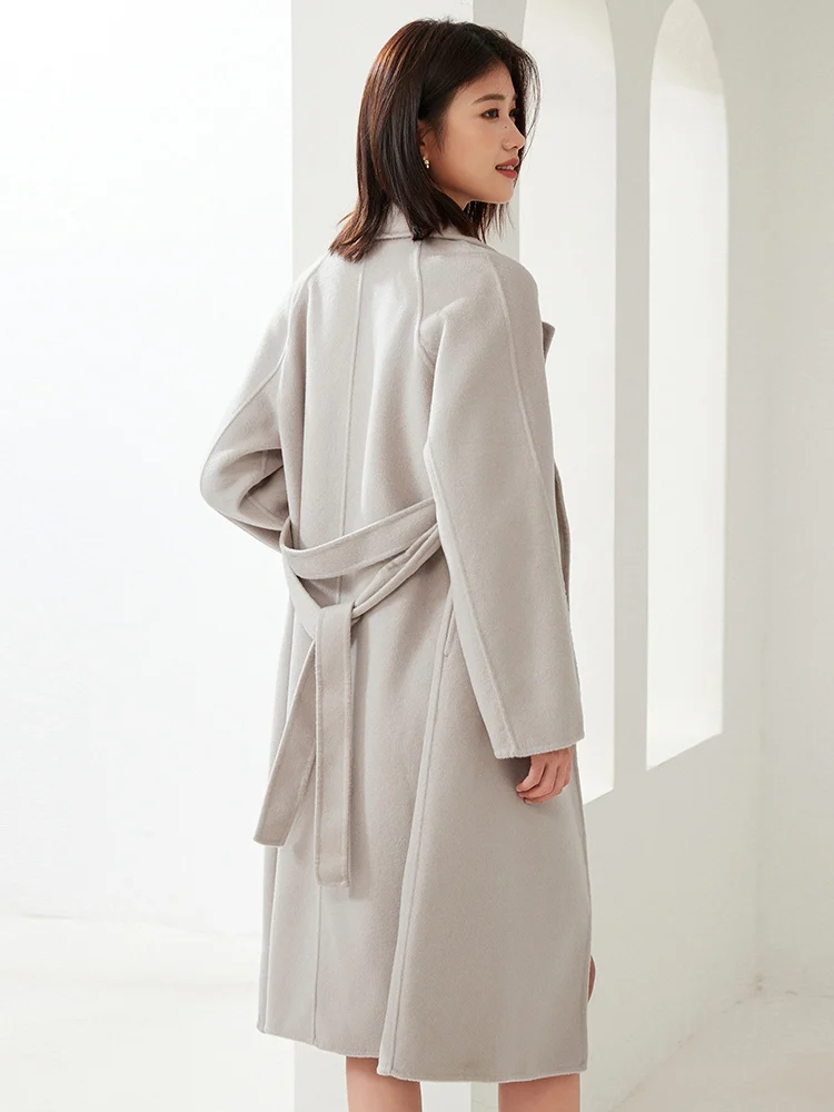 New Buckle-Free Long Women\'s Coat 10% Cashmere Double-Sided Woolen Coat Belt Waist-Tied 90% Wool Top Fall Winter Fashion