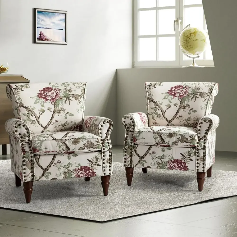 ern Wingback Accent Chairs Set o 2 with Wood Legs & Removable Cushion, Comy Upholstered Armchairs with NailTrim, loral Single So