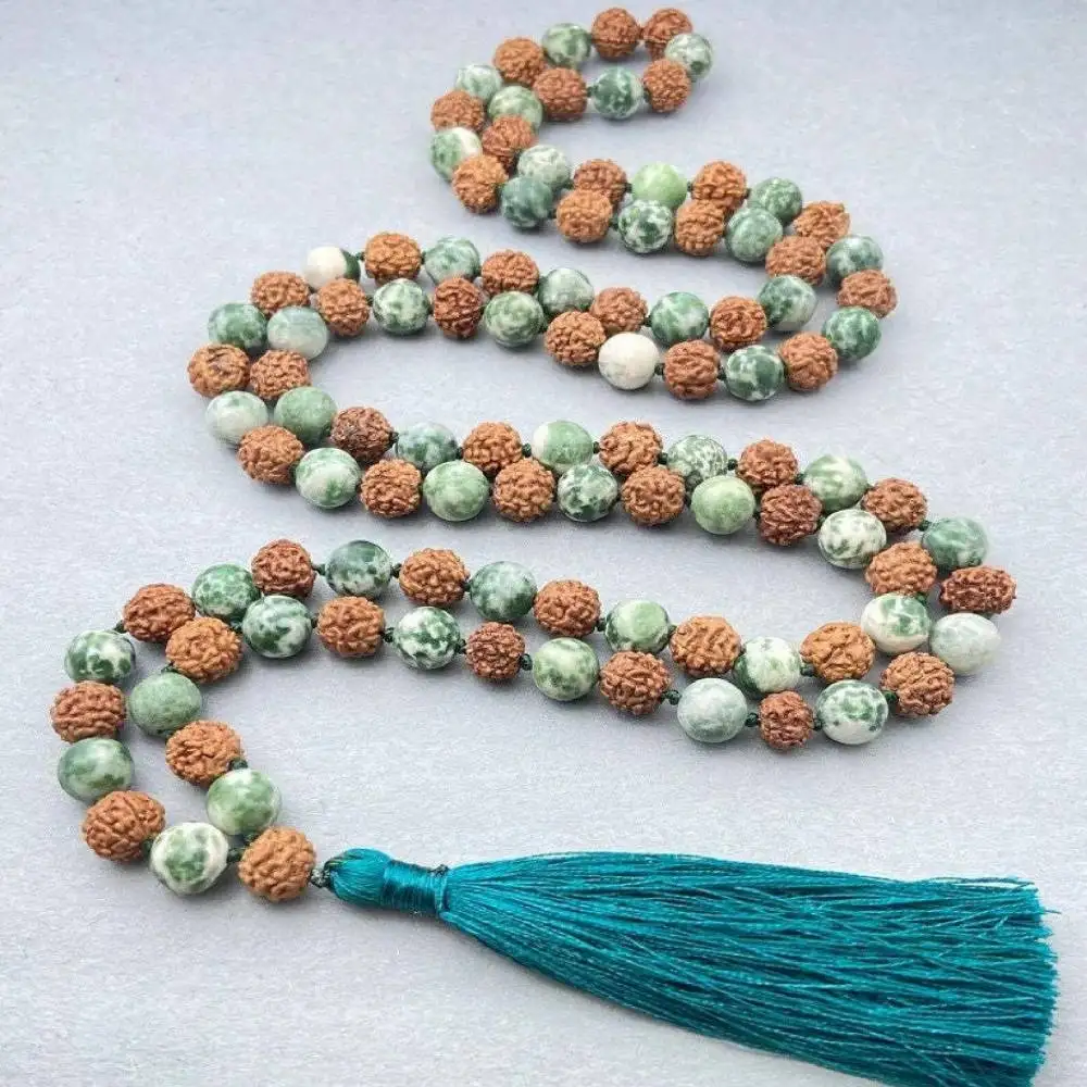 

Natural Rudraksha & Green Spot Jasper 108 Beads Mala Necklace with Teal Tassel Spiritual Jewelry