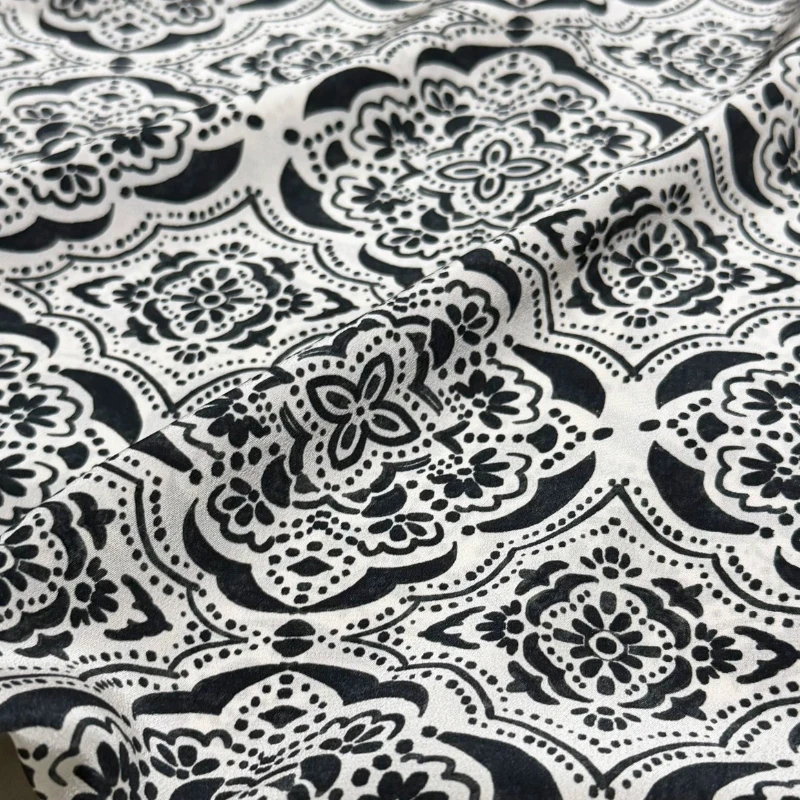 Off White Black Medallion Print Silk Crepe De Chine Fabric Mulberry Soft Drapey Sheer for Qipao Dress DIY Sewing Accessories