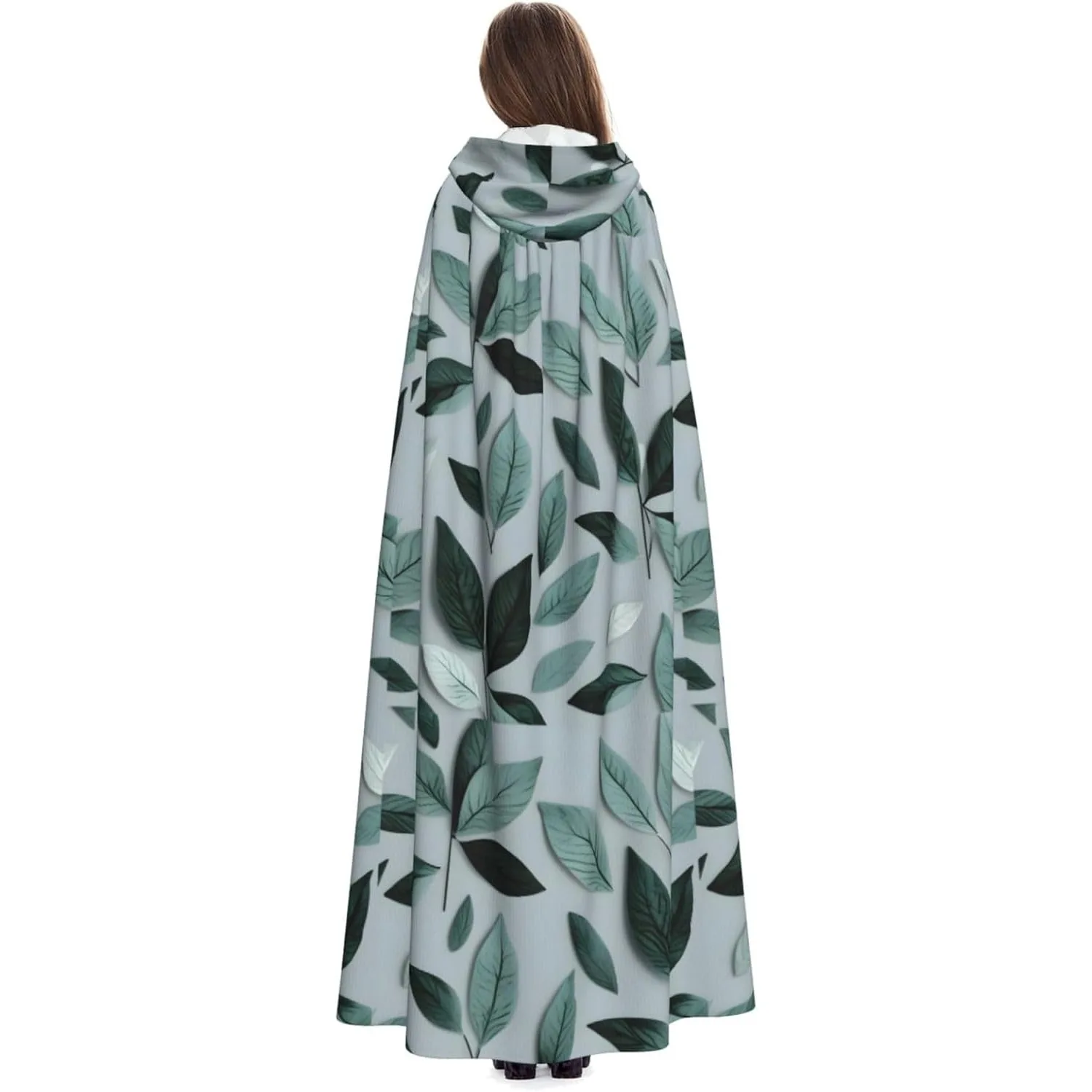 

Мятно-серый плащ с принтом листьев для взрослых, плащ с капюшоном и накидкой ведьмы на Хэллоуин, Рождество, костюм для вечеринки