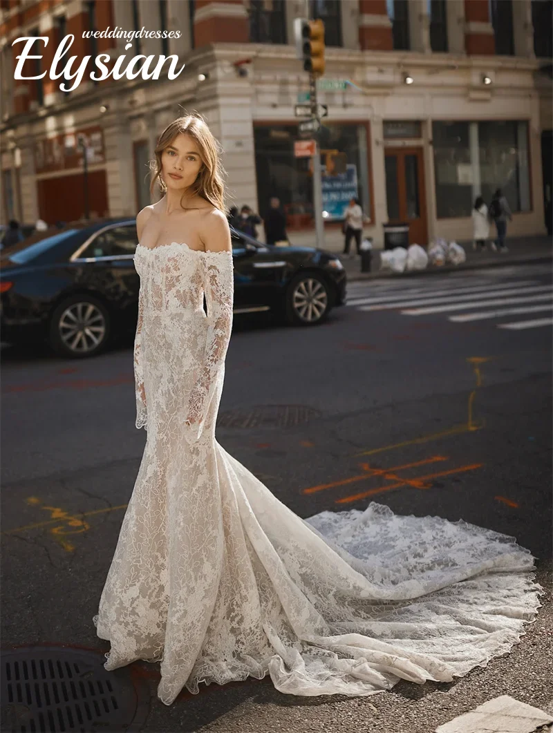 تخصيص الدانتيل حورية البحر فساتين الزفاف كامل الأكمام قبالة الكتف عارية الذراعين الوهم ثوب الزفاف الطابق طول فساتين العروس