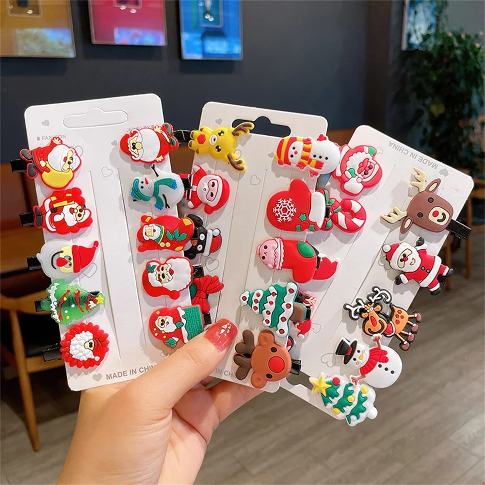 10Pcs/Set Christmas Hairpins Children Children Cartoon Santa Claus Snowman Elk Bow Hairpins Hair Bun Headdress Bb Clips