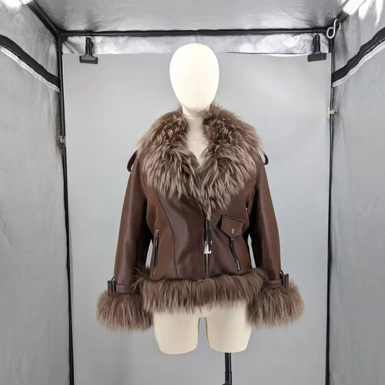 Women Brown Beige Suede Fabric Long Moto Down Coat Real Raccoon Fur Collar Front Hem Zip Pocket Warm Winter Spliced 24A1168