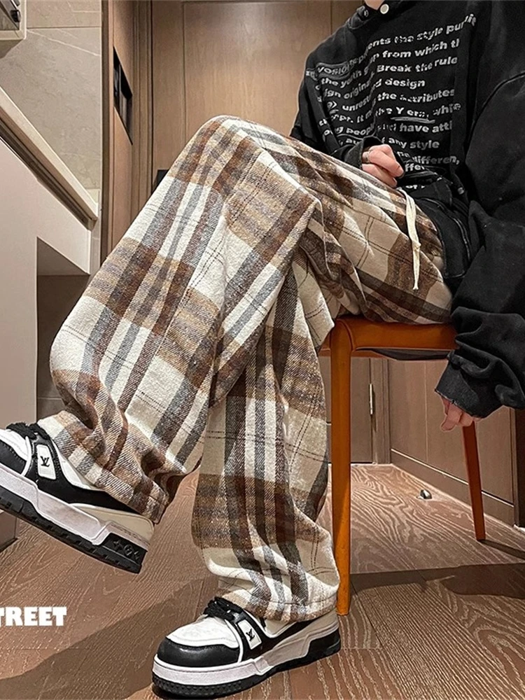 

Мужские шерстяные брюки в клетку, осенне-зимние, утепленные флисом, свободные, прямого кроя, длинные