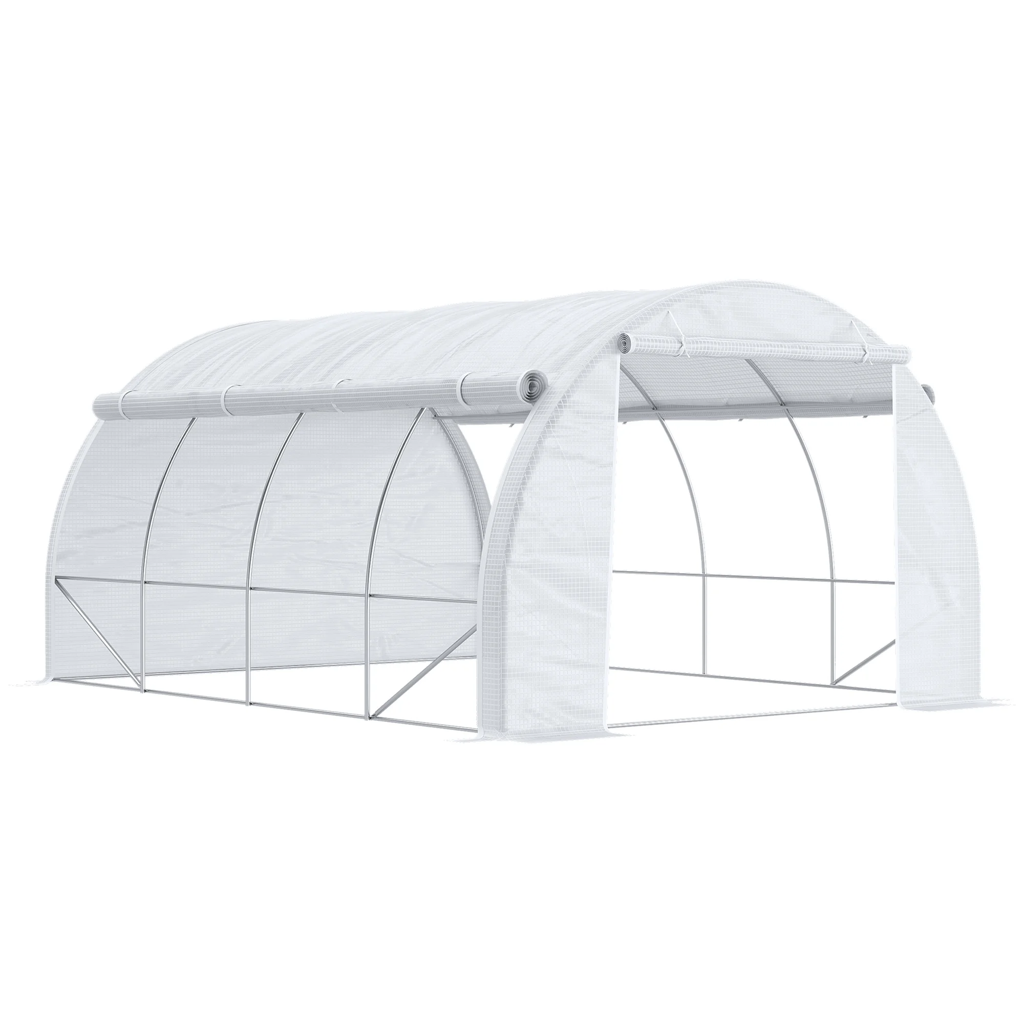 Outsunny Serre de jardin 12 m² dim. 4L x 3l x 2H m avec porte + parois latérales zippées enroulables, 8 fenêtres, acier PE haute densité 140 g/m² Anti-UV blanc