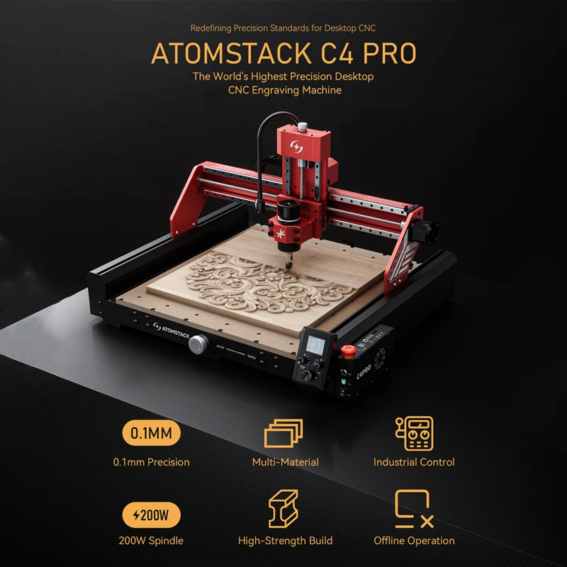 

ATOMSTACK C4 PRO CNC Router Machine 200W Power 400*400mm For Metal Jade Plastic Acrylic PCB PVC Wood Carving Engraving Machine