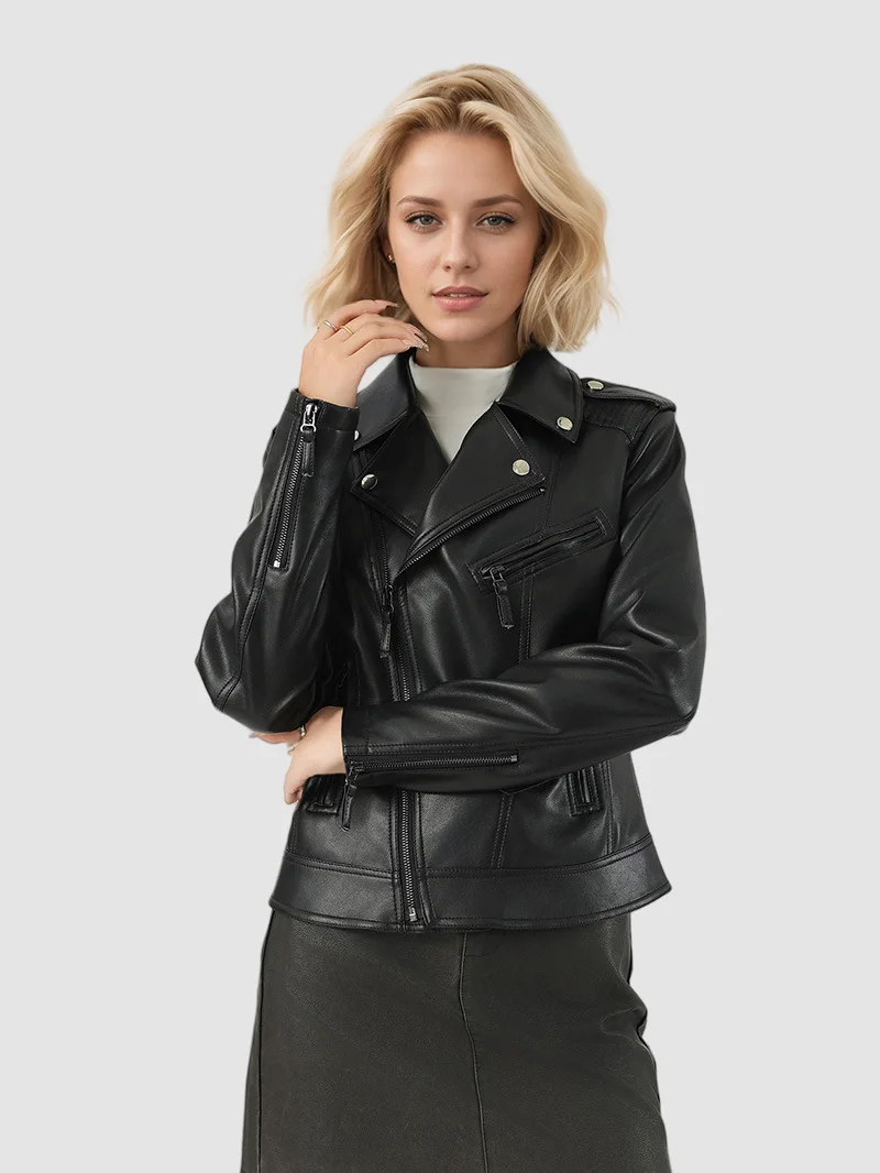 Fashionable women's leather jacket short jacket new waist cinching fashion autumn slim fit motorcycle suit punk zipper  jacket