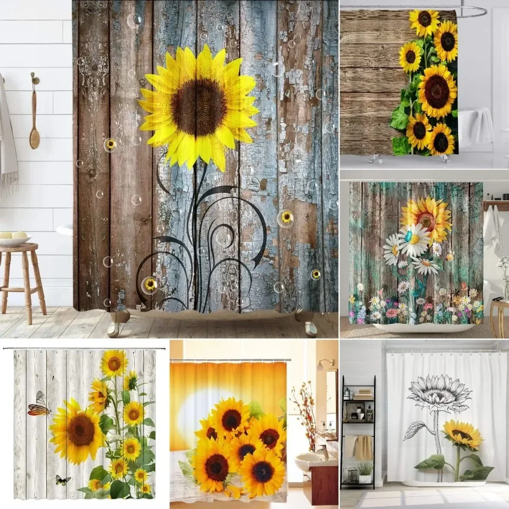 

Farmhouse Rustic Shower Curtain Sunflower Autumn Floral Flower on Rural Barn Wooden Fabric Bathroom Curtains with Hooks Sets