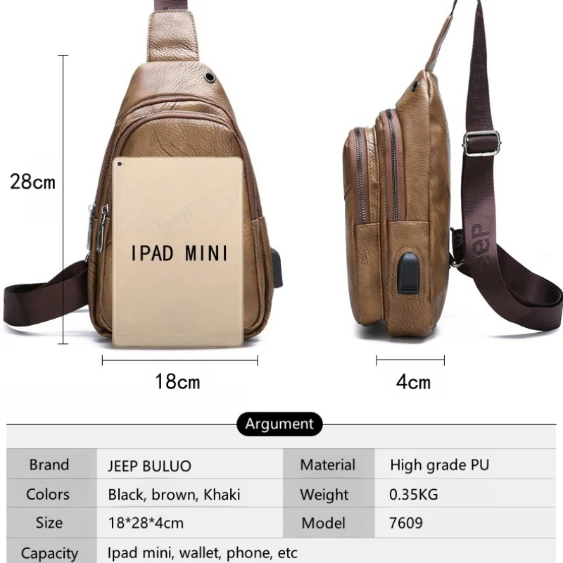 JEEP BULUO Students Travel Outdoors High Quality Brand Men Chest Bag Leather Brown Fashion Shoulder Crossbody Sling Bags College