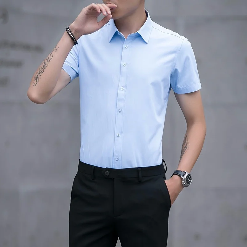 Summer Men\'s Slim Fitting Business Work Shirt Casual Handsome Turndown Collar Short Sleeve Shirts For Men Soild Blouses