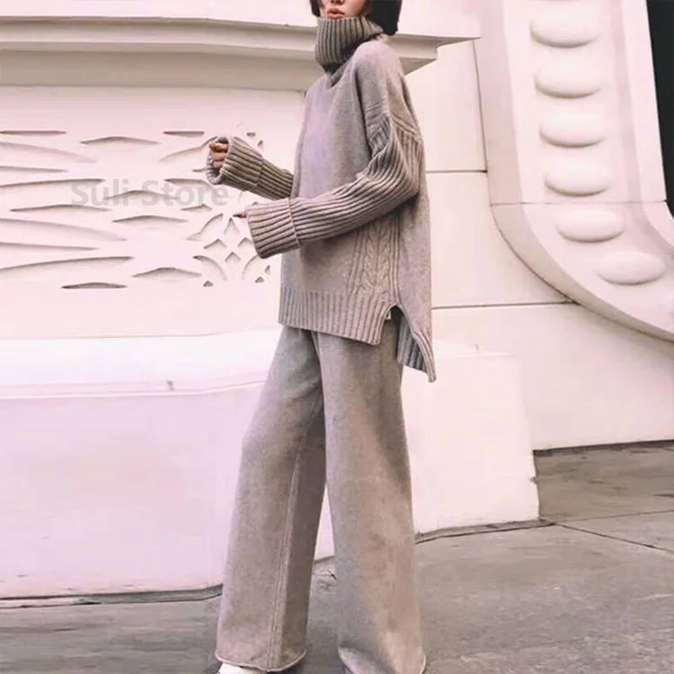 Sweater Set Warm suit for Women Winter Knitted Suits 2 Piece Set Soild Turtleneck Sweater + Loose Trousers Office Lady Suit