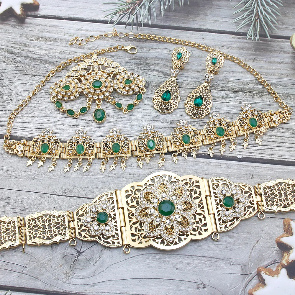 Sunspicems Chic Algeria Bride Jewelry Sets 18K Gold Color Caftan Belt Brooch Earring Hairchain Morocco Women Wedding Bijoux Gift