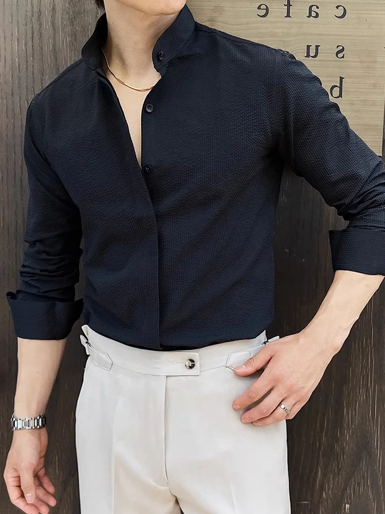 

Casual Long Sve Bubble irt Men's irt Stand Collar Busin Casual New Chinese Sle Spring Autumn 2025 New High-End Fe...