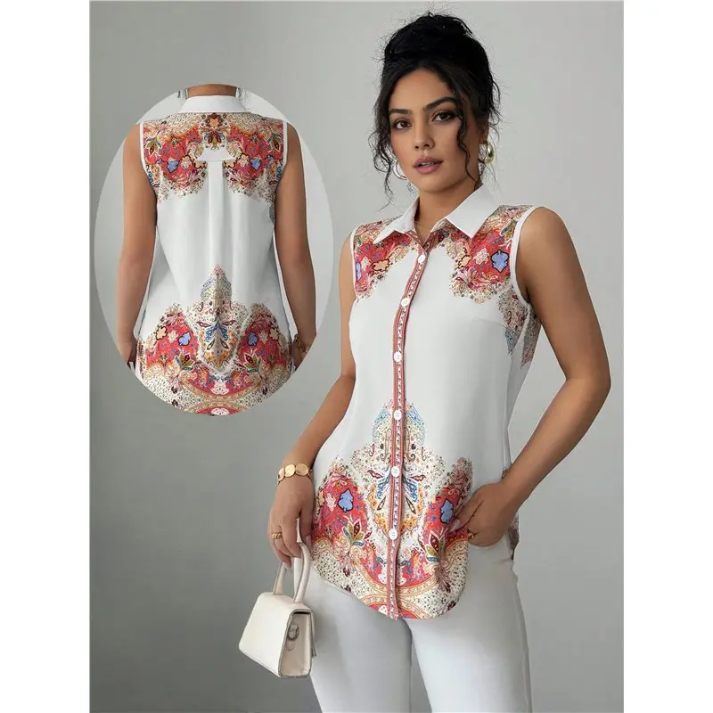 NEW-Women Collared Sleeveless Print Button Down Shirts Blouses Casual Basic V Neck Tank Tops For Work 5