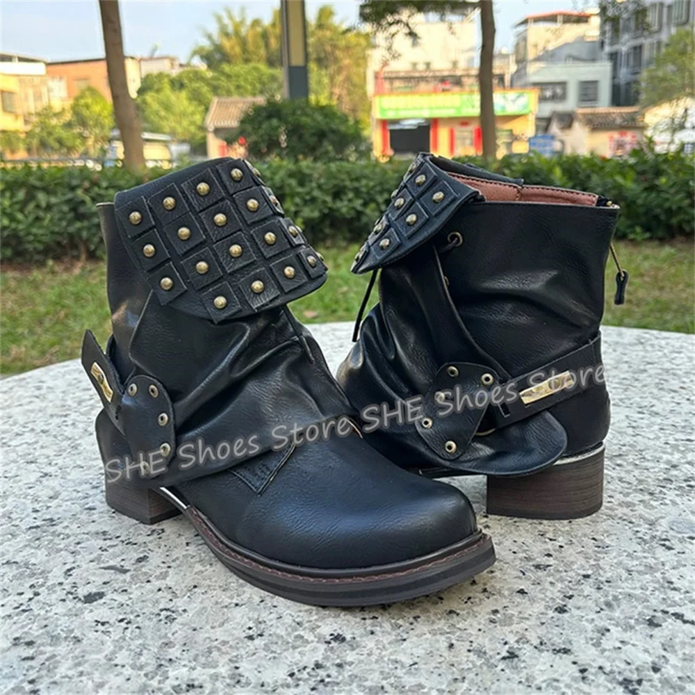 Vintage Rivet Leather Ankle Boots Women Retro Buckle Strap Chunky Heel Short Western Cowboy Boots Gothic Punk Motorcycle Boots