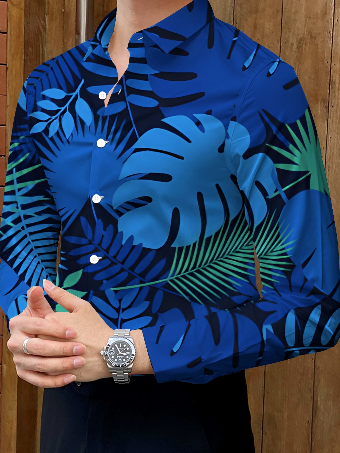 Men Long Sleeve Button Down Shirt Blue Tropical Palm Leaf Print Polyester Lapel Collar Vacation Casual