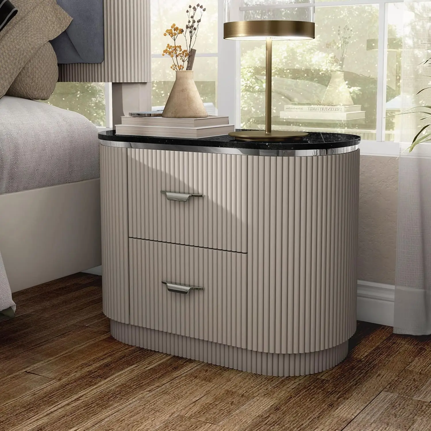 #Modern 2-Drawer Nightstand English Dovetail Design USB  Walnut Finish Bedroom Living Room