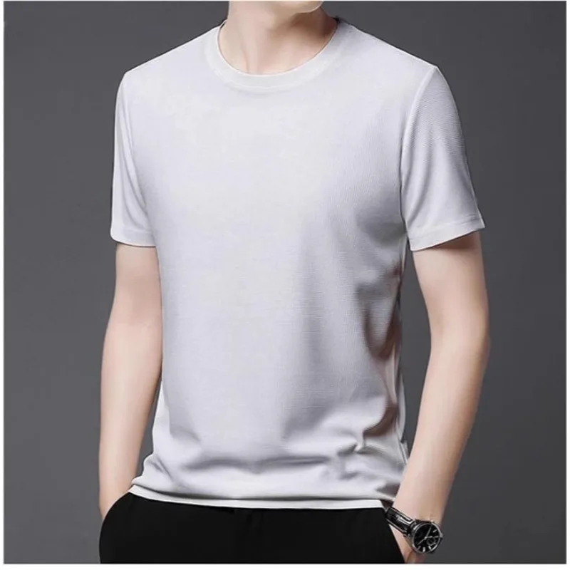 Men's waffle style short sleeved T-shirt with back pocket collar, solid color summer T-shirt top, breathable, middle-aged and yo