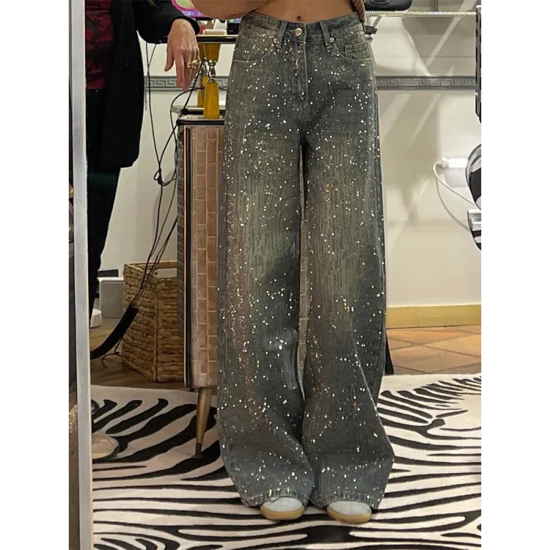 

Retro Design Hot Diamond Jeans Women's Summer Starry Heavy Industry Spicy Girl Wide Leg Pants