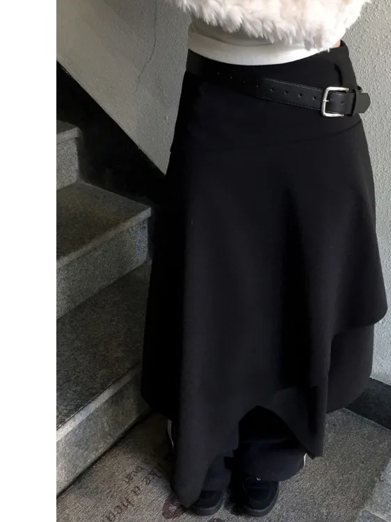 

Элегантная асимметричная шерстяная юбка миди женская, с завышенной талией, стройнящая, маленький размер, А-силуэт, с поясом, в корейском стиле, для повседневной носки