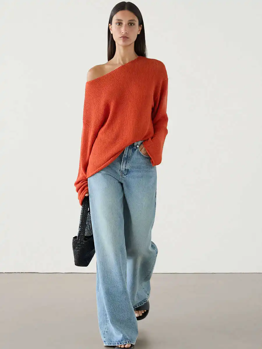 Ethereal Traf Md 2026 YAZHIMEI autumn new style of Women's red casual lazy wind relaxed light boat collar long-sleeved sweater