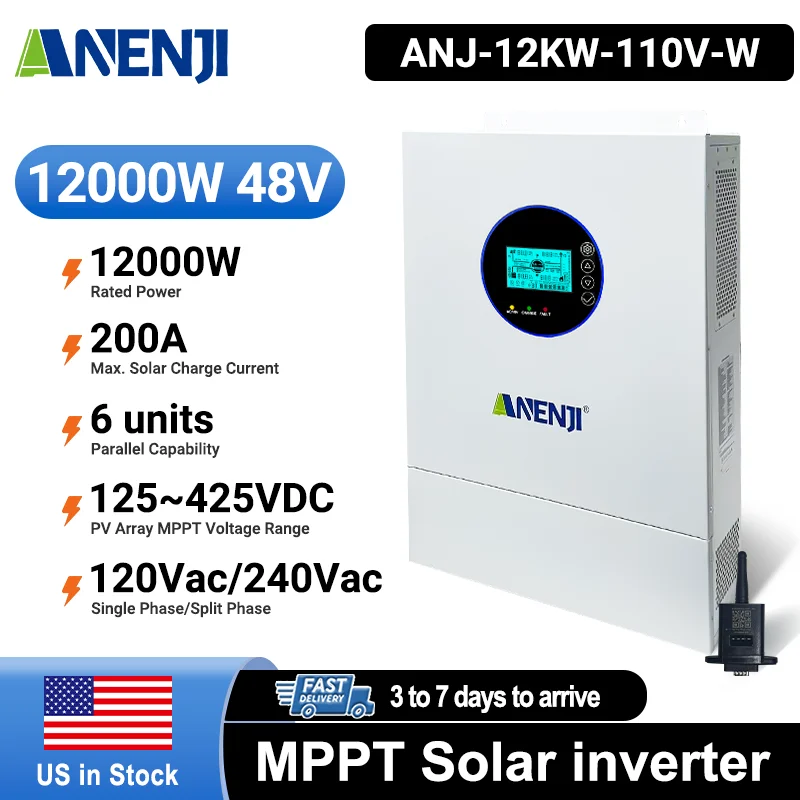 

Гибридный солнечный инвертор ANENJI US Standard 12 кВт 48 В, 110-120 В, однофазный/двухфазный, 120/240 В переменного тока, чистая синусоида, MPPT 200А, Wi-Fi