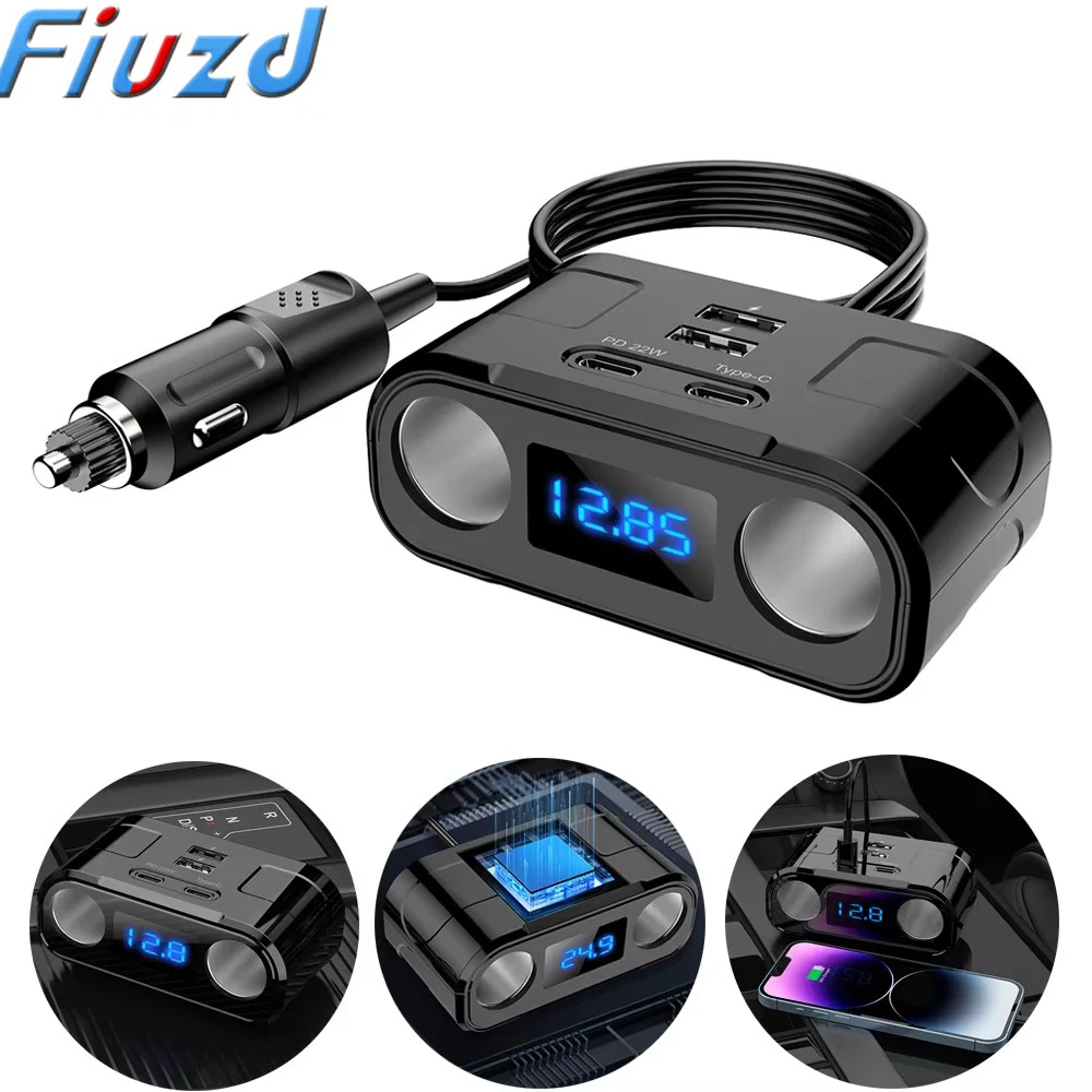 60W PD QUICK CHARGE QC3.0 Cigarette Lighter Adapter 12V/24V 3-Socket Power Splitter DC Outlet with 8.5A 4 USB Ports Car Charger