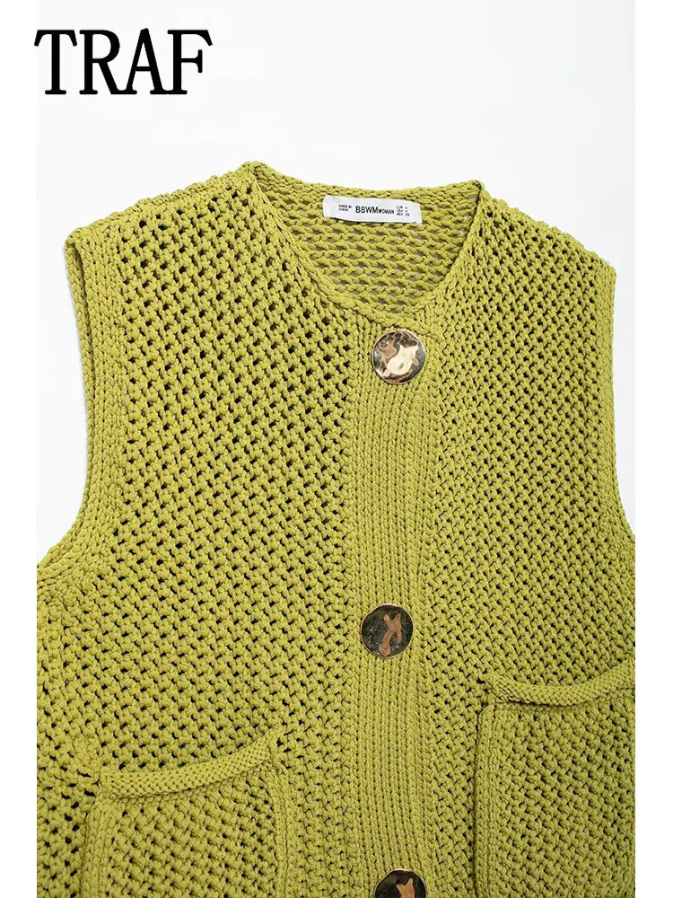 TRAF Women Knitted Vest 2024 New Fashion Women Sleeveless Casual Cropped Sweaters Vests Female Chic Single Breasted Waistcoat