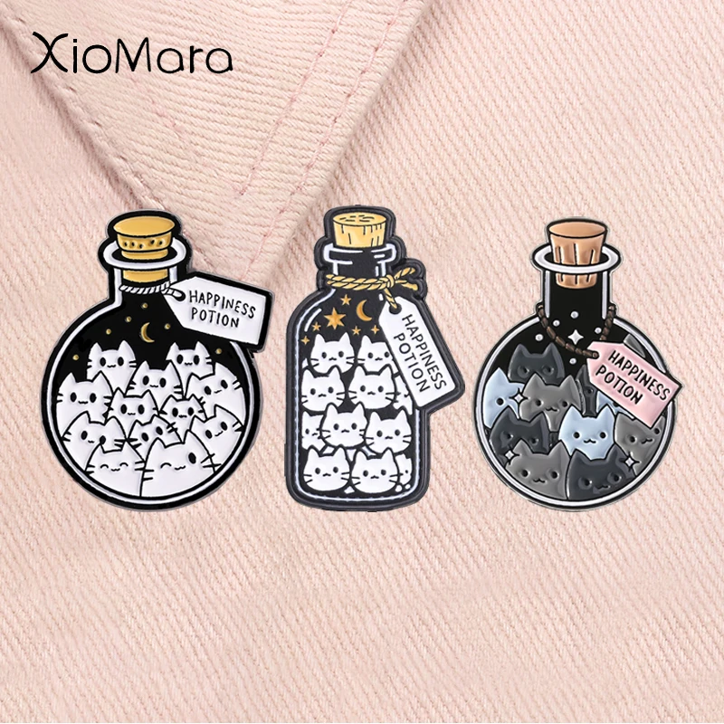Cute Working Cat Enamel Pins Chubby Sleeping Kitten Forced to Work Happiness Potion Potion Brooches Lapel Badge Jewelry Gifts