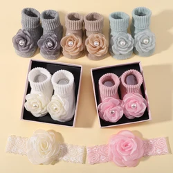 1 set of exquisite floral lace headband socks handmade floral simulation pearl socks warmers for newborns sweet babe headwear