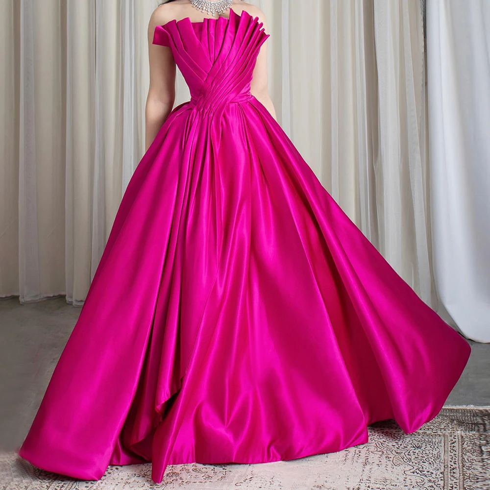 Elegant Scalloped A-Line Floor Length Satin Sleeveless Pleats Backless Solid Color Evening Dresses Bespoke Occasion Gowns Woman