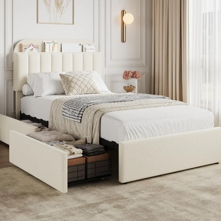 Twin Bed Frame with Storage Headboard for Room Boucle Upholstered Platform Bed with Builtin Bookcase and Two Drawers No Box Spr